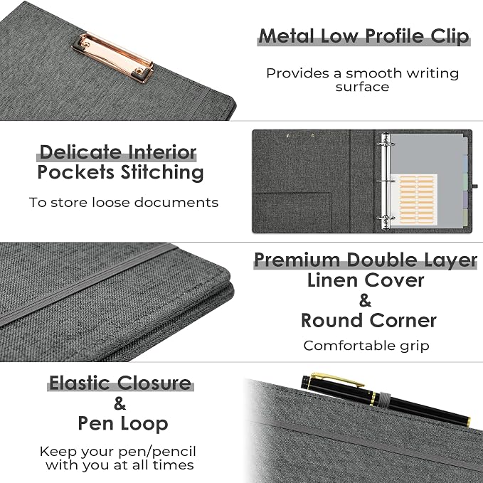 EYROZILL 3 Ring Binder 2 Inch, Binder for Letter Size (11" x 8.5") with 5 Tab Dividers, File Folder Labels and Low Profile Clipboards, Darkgrey