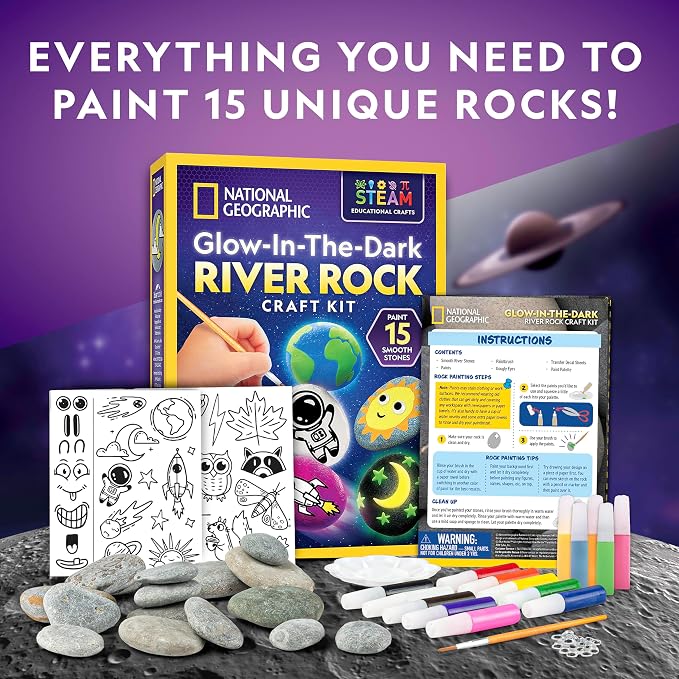 National Geographic Glow-in-the-Dark Rock Painting Craft Kit for Kids | 15 River Rocks, 15 Paint Colors, Glow Paints, Brushes and Art Supplies, Kids Craft Activity, Creative Birthday Gift