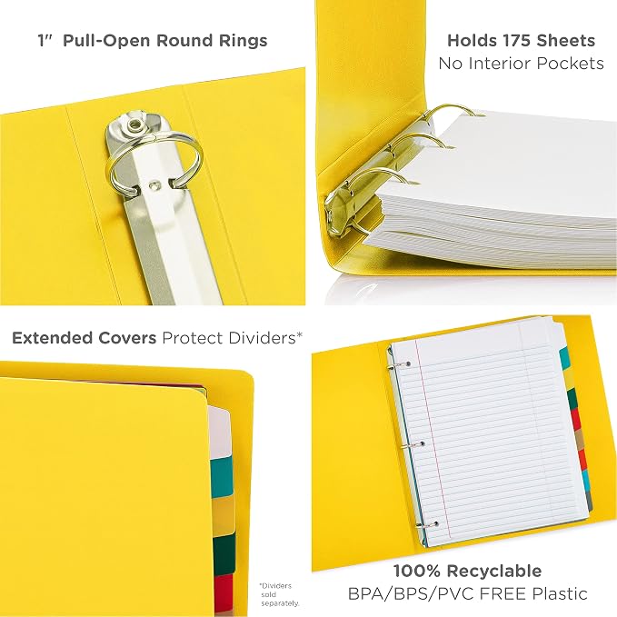 Premium Economy 3 Ring Binder, 1 Inch Pull-Open Round Rings, Holds 175 Sheets, Flexible, Lightweight, 4-Pack, Side Opening, Yellow