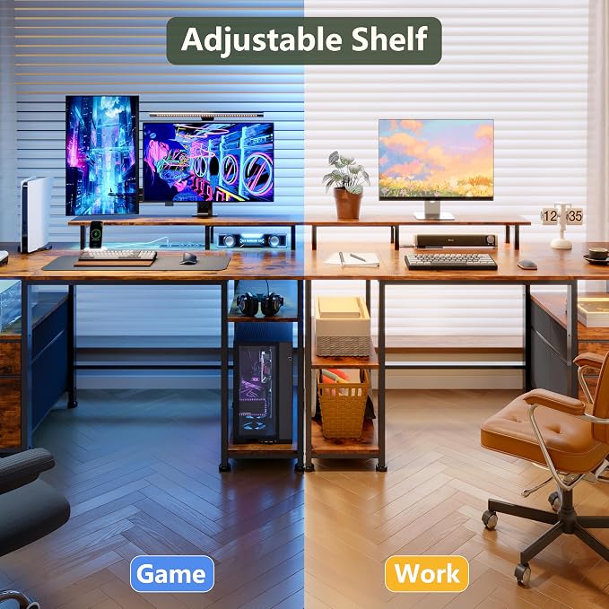 Furologee 51" Computer Desk with Outlets & LED, Desk with Drawers, Brown | Reversible Computer Desk for Office, AC Outlets & USB, Drawer & File Cabinet, Ergonomic Monitor Stand, Adjustable Shelf