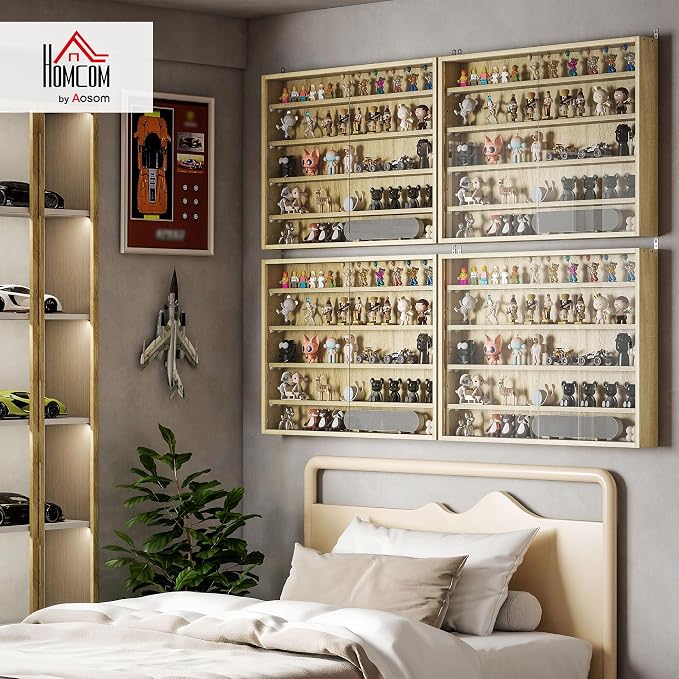 HOMCOM 5-Tier Wall Mounted Display Cabinet Glass Doors 60x80cm Oak | Display Case, 4 Adjustable Shelves, for Home Office Ornaments