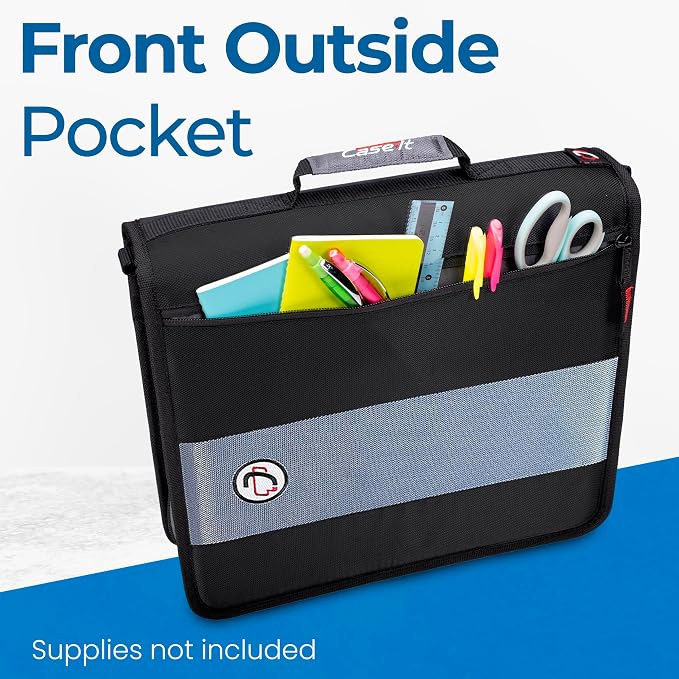 Case-it Classic Zipper Binder | 2-Inch O-Rings, 350 Sheet Capacity, Multiple Storage Pockets & Shoulder Strap | School & Office Organizer | D-251 Black