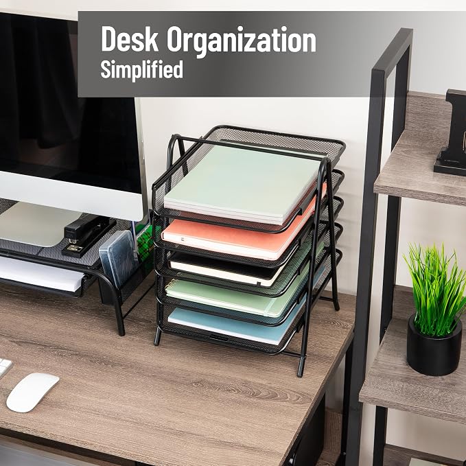 Mind Reader 5-Tier Paper Tray, Desktop Organizer, File Storage, Office, Metal Mesh, 11.75"L x 14"W x 15"H, Set of 2, Black