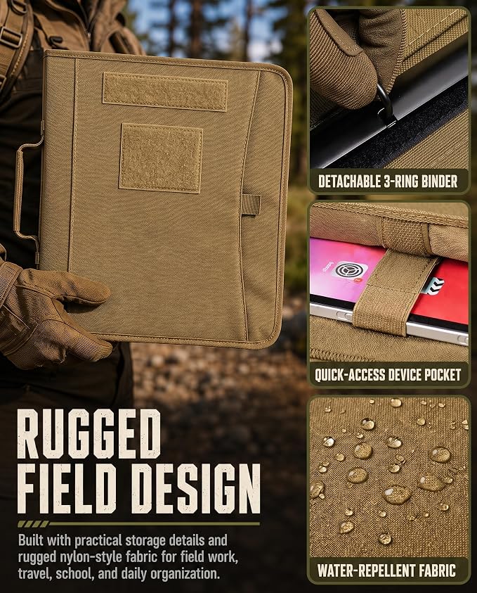 Tactical Padfolio, Detachable 3-Ring Binder with Zipper | Multi-pocket nylon organizer with carry handle, 40 letter-size sheets, pen and compass for field work, office and school