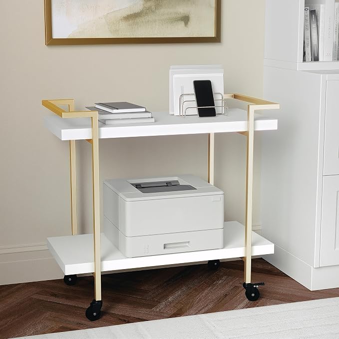 Martha Stewart Liam 2-Tier Mobile Office Storage and Printer Cart, White | Polished Brass Frame