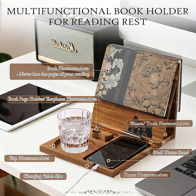 Book Holder Stand for Reading Rest Wooden Book Rest Book Nook Reading Valet | Foldable Desktop Triangle Bookstand with Book Page Holder, Cup, iPad & Phone Stand Bookshelf for Readers Bookworms Gifts