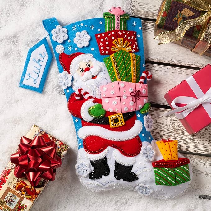 Bucilla Felt Applique Stocking Kit, Santa's Gift Galore 18" Felt Applique Stocking Making Kit, Perfect for DIY Arts and Crafts, 89560E