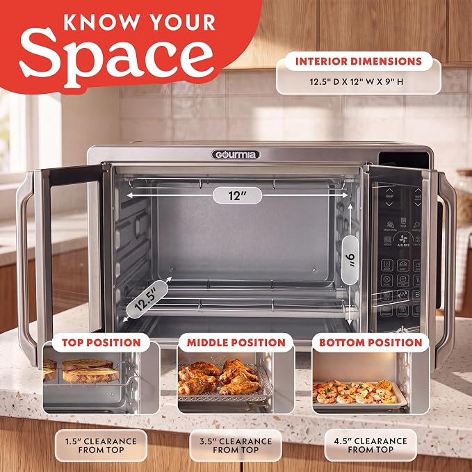 Gourmia French Door Air Fryer Toaster Oven - 6 Slice Capacity, Temperature Probe, 18 Cooking Presets, FryForce, Digital Display, 3 Rack Positions, Dishwasher-Safe Accessories, Stainless Steel