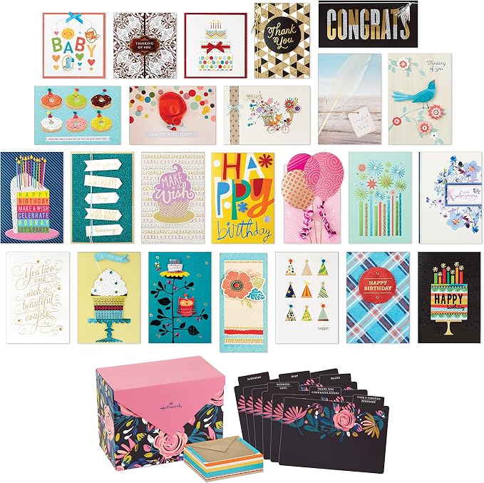 Hallmark Pack of 24 Handmade Assorted Boxed Greeting Cards, Watercolor & Pack of 24 Handmade Assorted Boxed Greeting Cards, Modern Floral