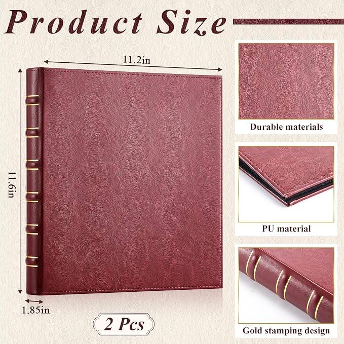 ReliThick 2 Pcs Vintage Hardback Leather 3 Ring Binder, 1 Inch D Rings Holds 200 Sheets, Professional Binder Organizer, Planner, for School and Office Supplies(Red)