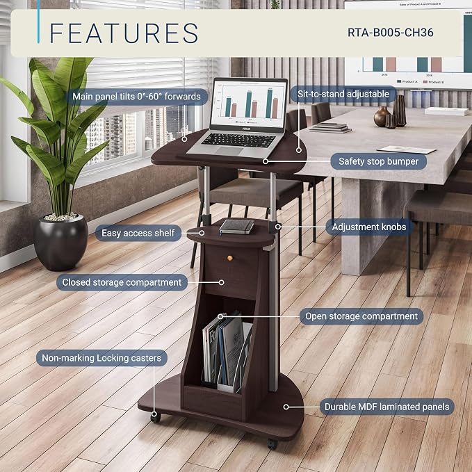 Techni Mobili Sit-to-Stand Rolling Adjustable Storage Medical Laptop Computer Cart, Chocolate, B005 | Adjustable Height Rolling Laptop Cart w/Tilting Top, Storage Shelf, Locking Wheels, Sit to Stand Desk,Mobile Podium,Chocolate