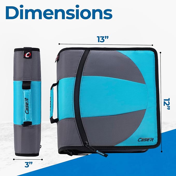 Case-it Dual Zipper Binder | Two 1.5" D-Rings | 600-Sheet | Dual-101 Teal | Dual 2-in-1, Pencil Pouch, Multiple Pockets, School & Office Organizer, Shoulder Strap