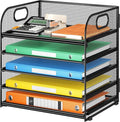 Lavatino 5 Tray Desk File Organizer, Black Mesh Paper Sorter Letter Tray Organizer with Handle, Desktop File Organizer and Storage for Letter/A4 Office File Folder