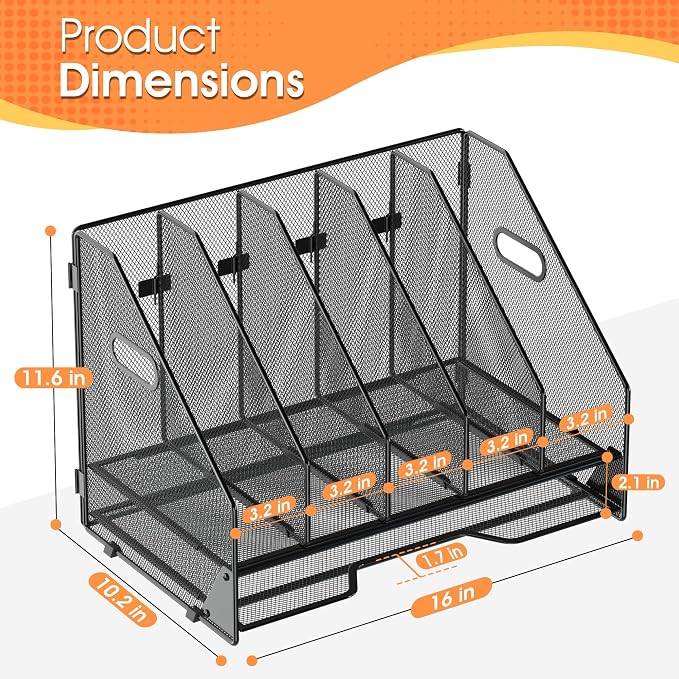 5 Vertical Mesh Desk Organizer with Paper Letter Tray, Black | Sorting racks with lower letter tray section. Multipurpose mesh desktop space saver for home office and school