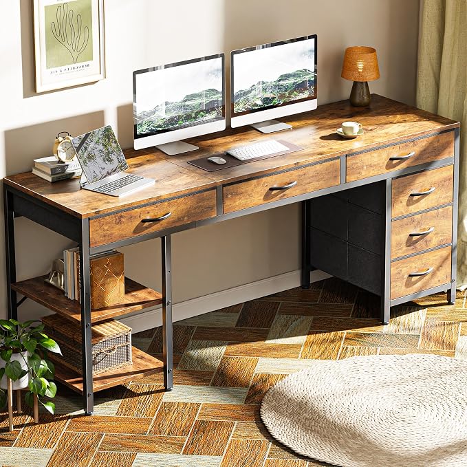 Huuger Computer Desk with 6 Drawers, Office Desk with Shelves, Reversible Gaming Desk, Large Corner Desk with Storage, Work for Home Office, Study, Living Room, 63inch, Rustic Brown