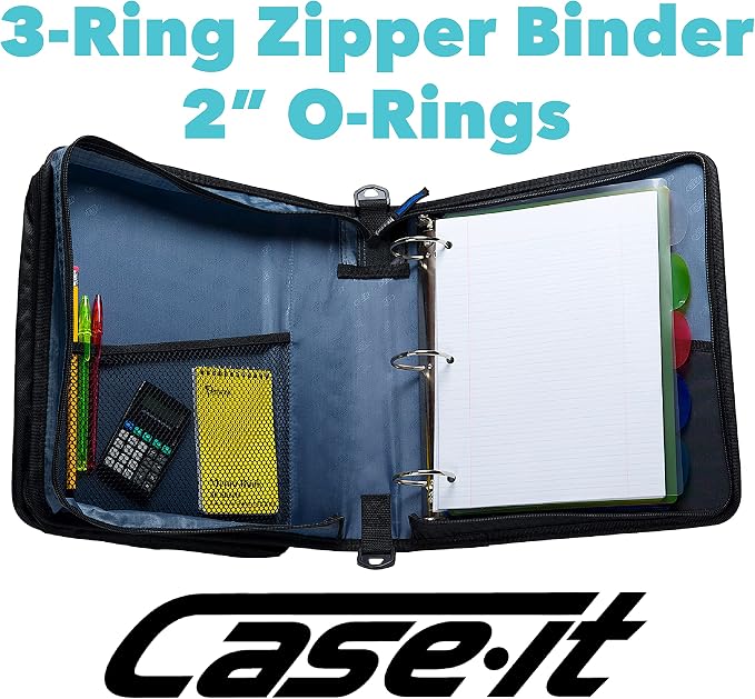 Case-it School Zipper Binder | 2-Inch O-Rings | 400-Sheet | LT-007 Blue | Universal, 13-Inch Laptop/Tablet Padded Pocket, Multiple Storage Pockets, Shoulder Strap, School & Office Organizer