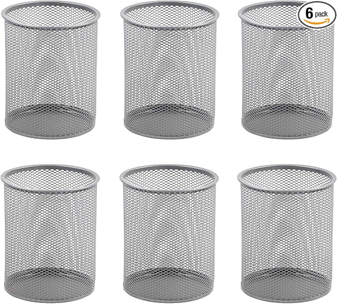 YBM HOME Office Round Desk Steel Mesh Pencil Cup Pen Holder Silver, 2210-6 Pack of 6