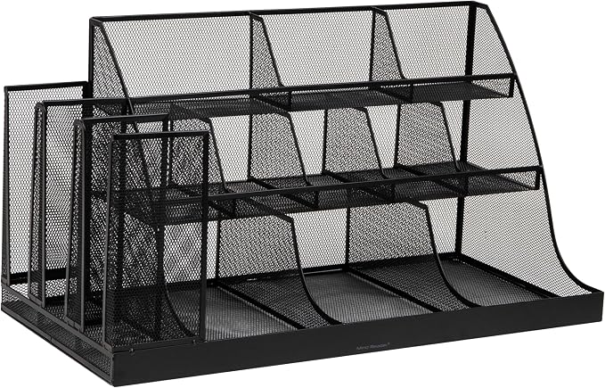 Mind Reader Cup and Condiment Station, Breakroom Countertop Organizer, 3-Tier Storage for Office Coffee Stations and Shared Spaces, Metal Mesh, Black