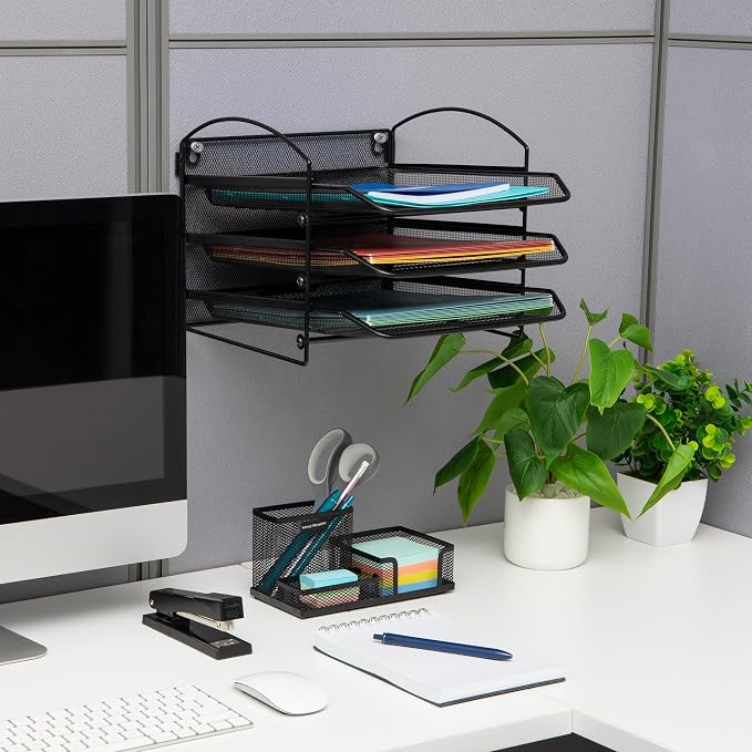 Mind Reader 3-Tier Paper Tray, File Storage, Desktop Organizer, Wall Mountable, File Organization, Metal Mesh, Black