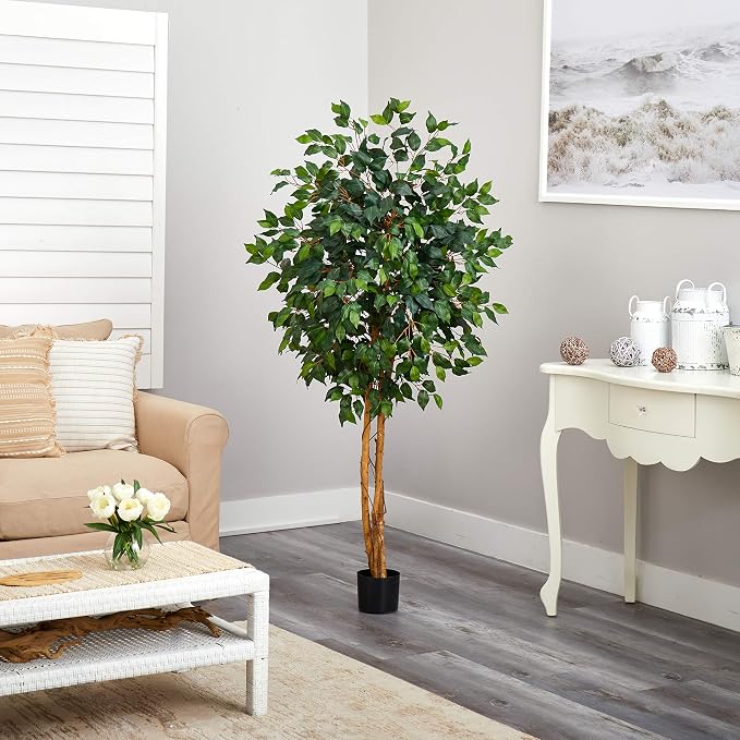 Nearly Natural 5ft Artificial Ficus Tree, Triple Trunk Faux Greenery with Natural Wood Trunks for Indoor Home Decor, with Black Nursery Pot