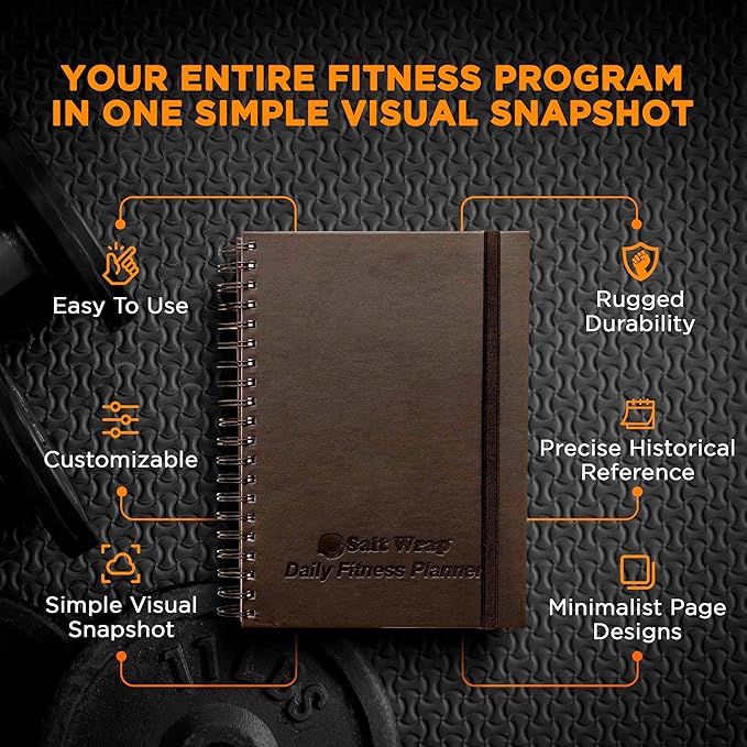 SaltWrap Daily Fitness Planner - Gym Workout Training Log, Weightlifting Exercise Journal, and Food/Diet Tracker - Daily and Weekly Pages, Goal Tracking, Spiral-Bound, 7 x 10 inches