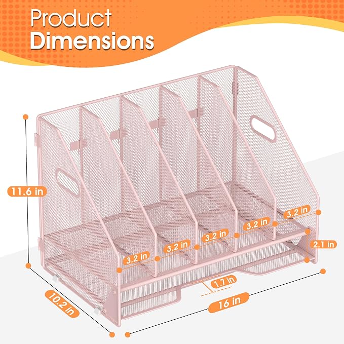 5 Vertical Mesh Desk Organizer with Paper Letter Tray, Pink | Sorting racks with lower letter tray section. Multipurpose mesh desktop space saver for home office and school