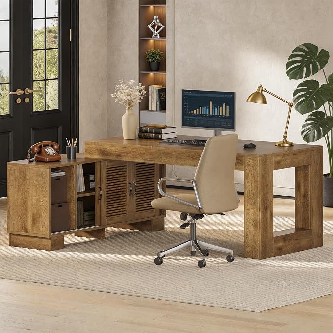 LITTLE TREE L Shaped Executive Desk, Large 63" Executive Desk with File Cabinet, Modern L Shaped Desk, Corner Computer Desk for Home Office & Business Furniture Workstation, Brown