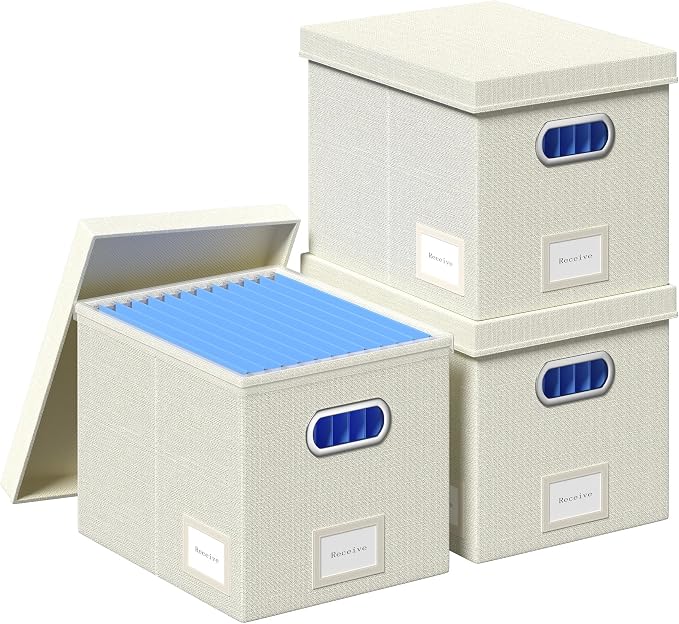 File Organizer Box - File Boxes for Hanging Files with Lid Set of 3 Decorative Hanging Folders Organizer with One-Piece Plastic Frame Slides (Beige White, 13.2 * 10.1 * 10.1in(3Pack))