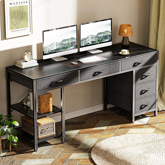 Huuger Computer Desk with 6 Drawers, Office Desk with Shelves, Reversible Gaming Desk, Corner Desk with Storage, Work for Home Office, Study, Living Room, 54inch, Black