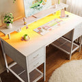 Huuger 47 inch Computer Desk with Power Outlets & 4 Drawers | Gaming Desk with LED Lights, Home Office Desk with Large Storage Space for Bedroom, Work from Home, White