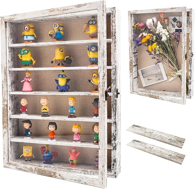Shadow Box with Shelves, White 12x16 Wooden Display Cases with Shelves for Miniatures Keepsake Collectibles, Coins Military Medals Pins Wedding Flowers