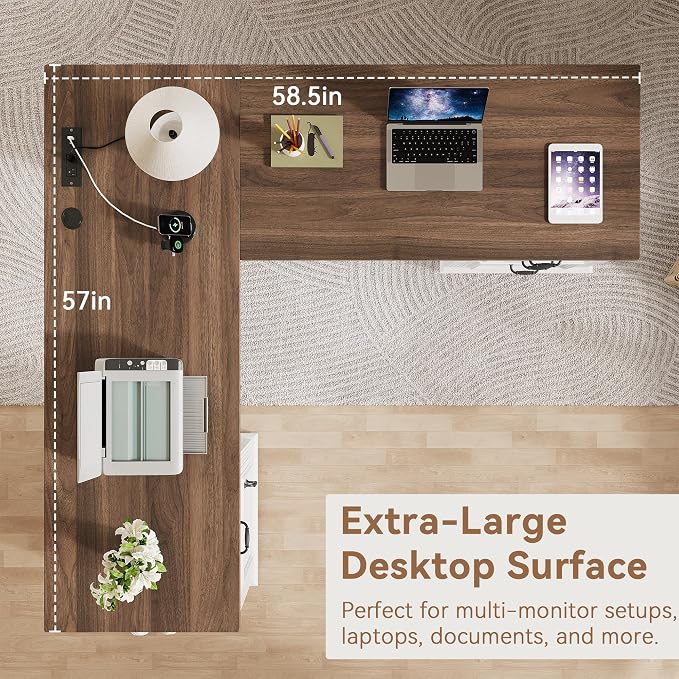 Farmhouse L Shaped Executive Desk with 4 Drawers, Home Office Desk with Hidden Under-Desk Storage Shelf and Charging Station, File Cabinet Storage, Wood Corner Computer Desk for Work(White+Brown)