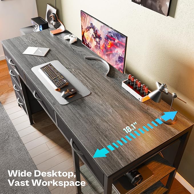 Huuger Computer Desk with 6 Drawers, Office Desk with Shelves, Reversible Gaming Desk, Corner Desk with Storage, Work for Home Office, Study, Living Room, 54inch, Grey