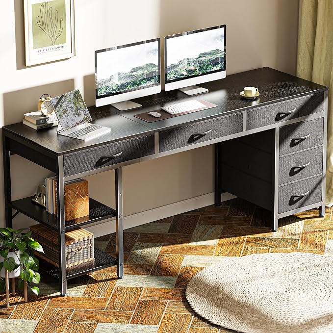 Huuger Computer Desk with 6 Drawers, Office Desk with Shelves, Reversible Gaming Desk, Corner Desk with Storage, Work for Home Office, Study, Living Room, 63inch, Black