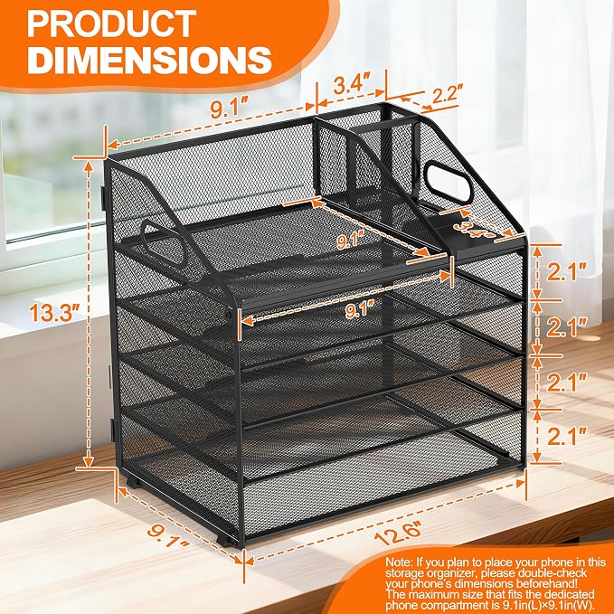 DocNest 5 Tier Metal Mesh Desk File Organizer with Phone Shelf, Black | Desktop letter tray sorter features a 9.1x9.1 inch top phone holder, built-in sticky note compartment and pen holder