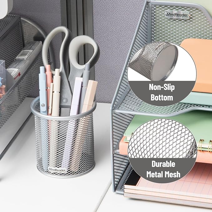 Mind Reader Pen and Accessories Holder, Desktop Organizer, Office, Metal Mesh, 3.5"L x 3.5"W x 3.75"H, Set of 3, Silver