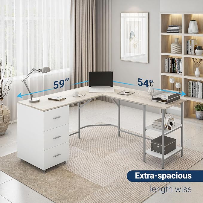 Techni Mobili 59" Two-Tone L‑Shaped Office Desk with Storage Shelves, Sand | 59" two‑tone L‑shaped desk with storage shelves, durable frame, modern corner workstation, spacious home office writing space