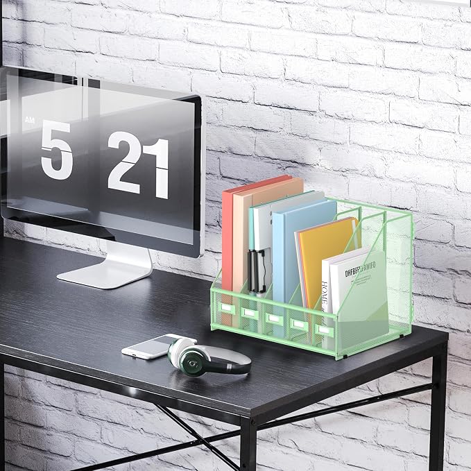 Desk Organizers Metal Desk Magazine File Holder with 5 Vertical Compartments Rack File Organizer for Office Desktop, Classroom, Home Workspace, Green