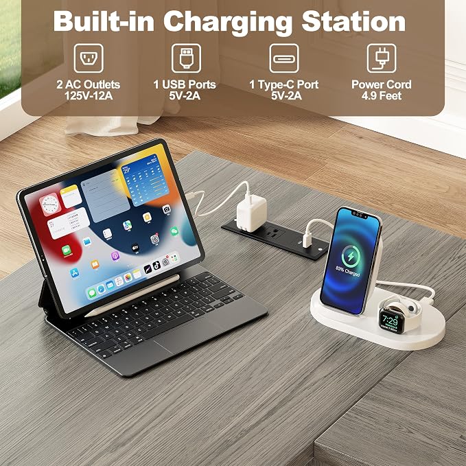 Decofy 67" L-Shaped Standing Desk, File Cabinet & Charging Station, Grey | Four Drawers, File Cabinet, Farmhouse Corner Desk, Wood Workstation, Grey Finish, For Home Office, Study and Writing