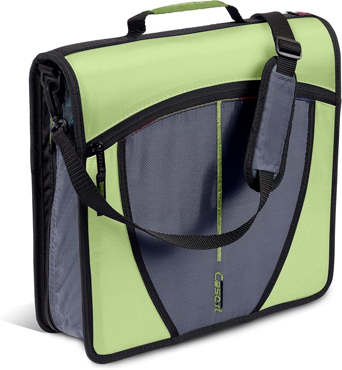 Case-it School Zipper Binder | 3-Inch O-Rings | 600-Sheet | D-146 Key Lime | Mighty Zip Tab, 5-Subject Expanding File Folder, Multiple Pockets, Storage Organizer, Shoulder Strap, Office