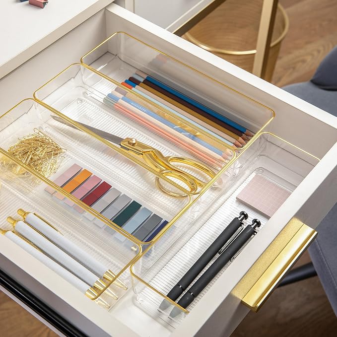 Martha Stewart Kerry Stackable Desk Drawer Organizers, Clear/Gold, 6-Pack | 12x3 in Organizers, Gold Trim, Stackable