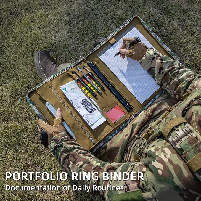 Kosibate Tactical Padfolio Portfolio Binder with Zipper and 25 Sheets of Letter Size Paper,Tactical Notebook Cover with Zippered for Folders,Detachable 3-Ring Binder(Camouflage,A4,13.5X 11.5Inch)