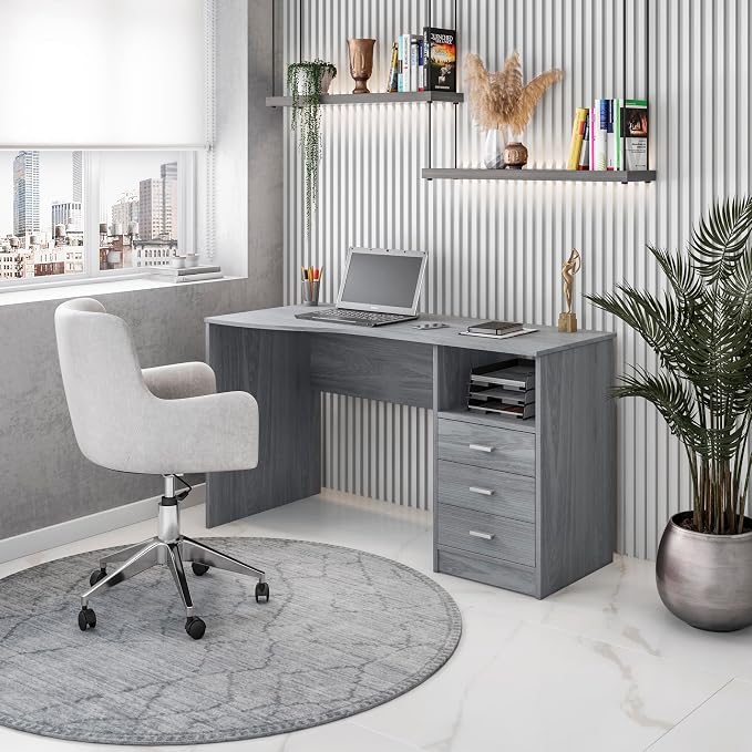 Techni Mobili 51 Inch Classic Computer Desk w/Drawers & Storage, Grey | 51 Inch classic desk with 3 drawers, spacious storage, sturdy frame, and functional home office workstation for modern setups