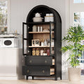 71" Arched Storage Cabinets with Glass Doors, Farmhouse Kitchen Pantry Cabinet with 2 Large Drawers, Tall Bookcase with Adjustable Shelves, Curio Cabinet, Display Cabinet (Black)