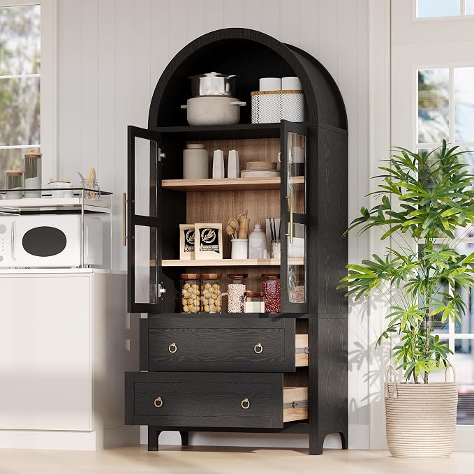 71" Arched Storage Cabinets with Glass Doors, Farmhouse Kitchen Pantry Cabinet with 2 Large Drawers, Tall Bookcase with Adjustable Shelves, Curio Cabinet, Display Cabinet (Black)