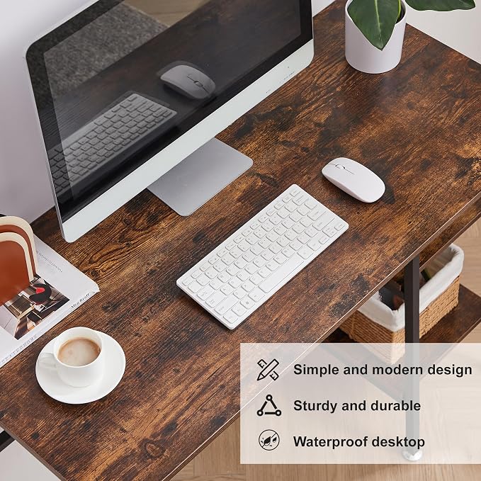 VECELO 43.1 Inch Computer Desk Home Office Walnut Study Desk Work Office Table with Shelves Wooden Desk for Bedroom
