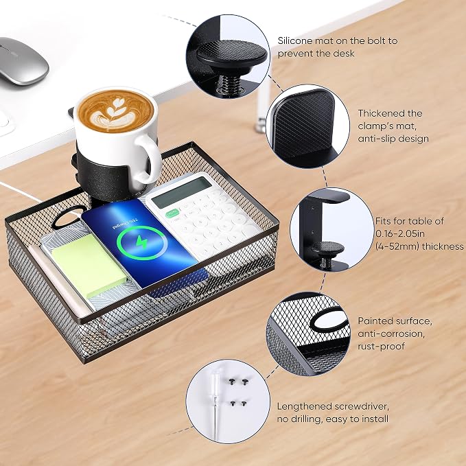 360 Rotating Under Desk Drawer Organizer with Cup Holder Clamp On Desk Drawer No Drilling Swivel Desk Tray Anti-Slip Small Pencil Drawer Under Desk Storage Easy Install for Home Office