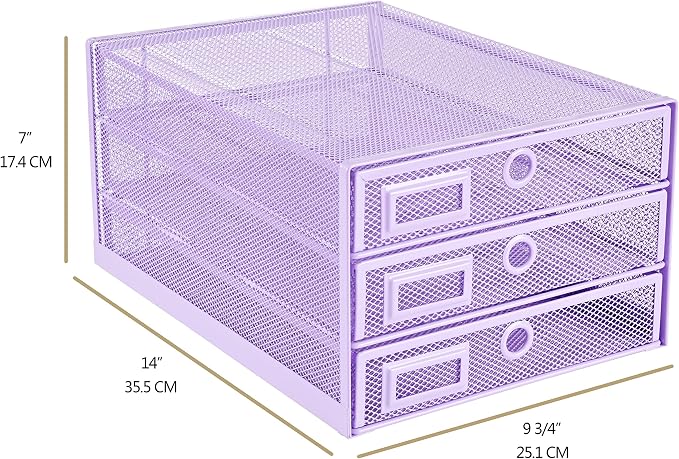 Annova Desk Organizer Wire Mesh 3 Tier Sliding Drawers Paper Sorter/Multifunctional/Premium Solid Construction for Letters, Documents, Mail, Files, Paper, Kids' Art Supplies (Light Pink)