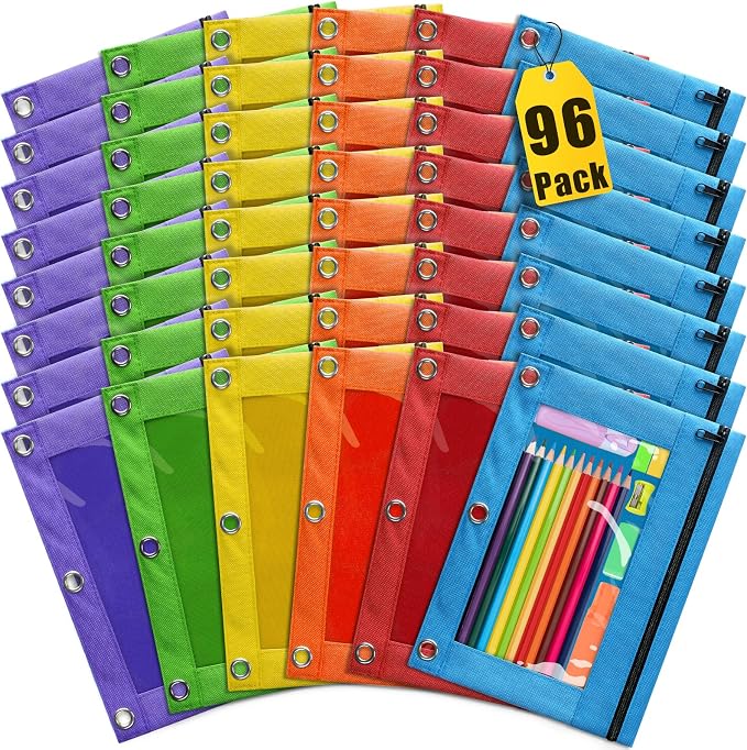 Pencil Pouch for 3 Ring Binder, 96 Pack Pencil Pouches with Zipper & Clear Window - 6 Assorted Color, Pencil Case Bulk for 3-Holes Binder, Multi-Purpose Storage Bag for Office, School Supplies (96)