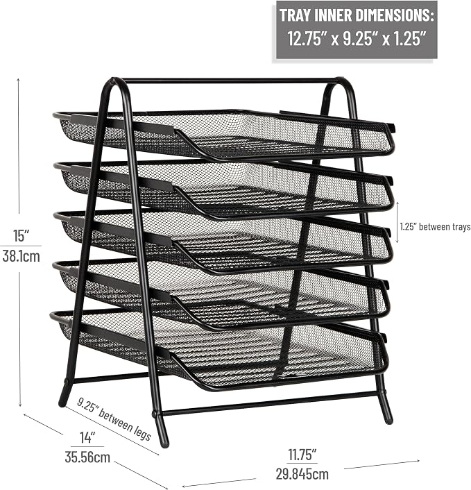Mind Reader 5-Tier Paper Tray, Desktop Organizer, File Storage, Office, Metal Mesh, 11.75"L x 14"W x 15"H, Set of 2, Black